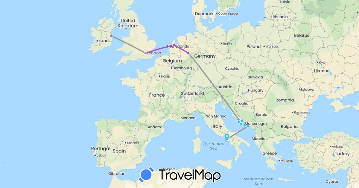 TravelMap itinerary: driving, plane, train, boat in Germany, United Kingdom, Croatia, Ireland, Italy, Netherlands (Europe)